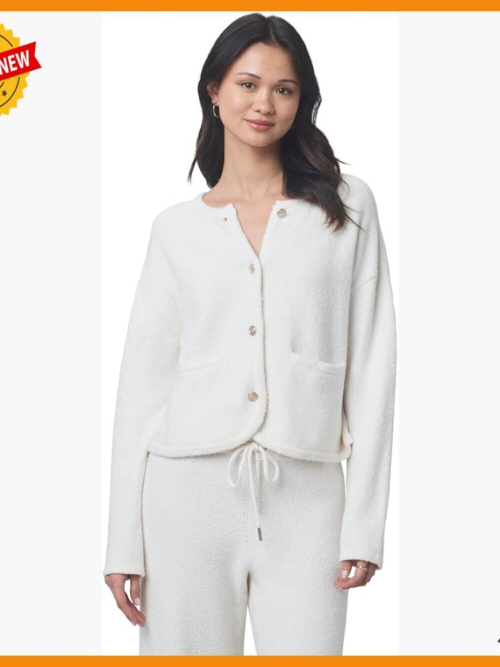 Cropped Boucle Cardigan with Gold Buttons and Patch Pockets
